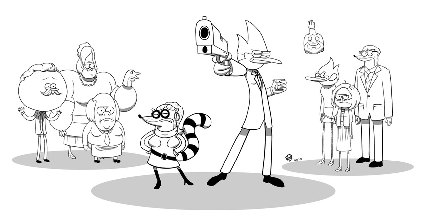 2010 anthro avian benson bird black_and_white blue_jay cartoon_network cmbarnes don_(regular_show) female group gun male mammal margaret monochrome mordecai_(regular_show) muscle_man parody pistol plain_background pops raccoon ranged_weapon red-breasted_robin regular_show rigby_(regular_show) skips weapon white_background