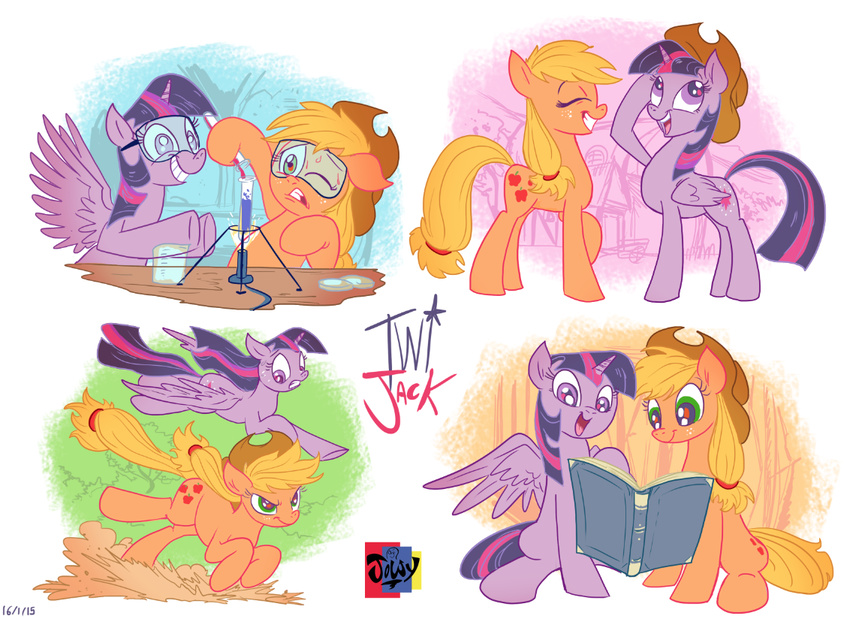 2015 applejack_(mlp) blonde_hair book bunsen_burner cowboy_hat cutie_mark duo equine eyewear female flying freckles friendship_is_magic goggles green_eyes hair hat horn horse house jowybean mammal my_little_pony pony ponyville purple_eyes purple_hair reading running sweat test_tube twilight_sparkle_(mlp) winged_unicorn wings