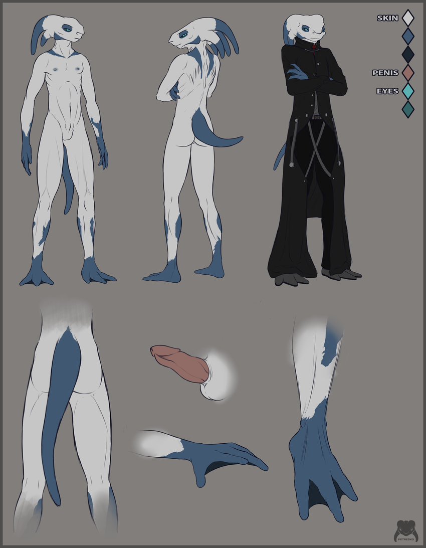 3_toes 4_fingers alien amphibian balls blue_skin boots clothed clothing cyan_eyes long_tail looking_at_viewer looking_back male model_sheet nipples nude pants penis petresko ribs scarf seyloid sheath solo spots spotted_skin toes trenchcoat two_tone_skin webbed_feet webbed_hands white_skin