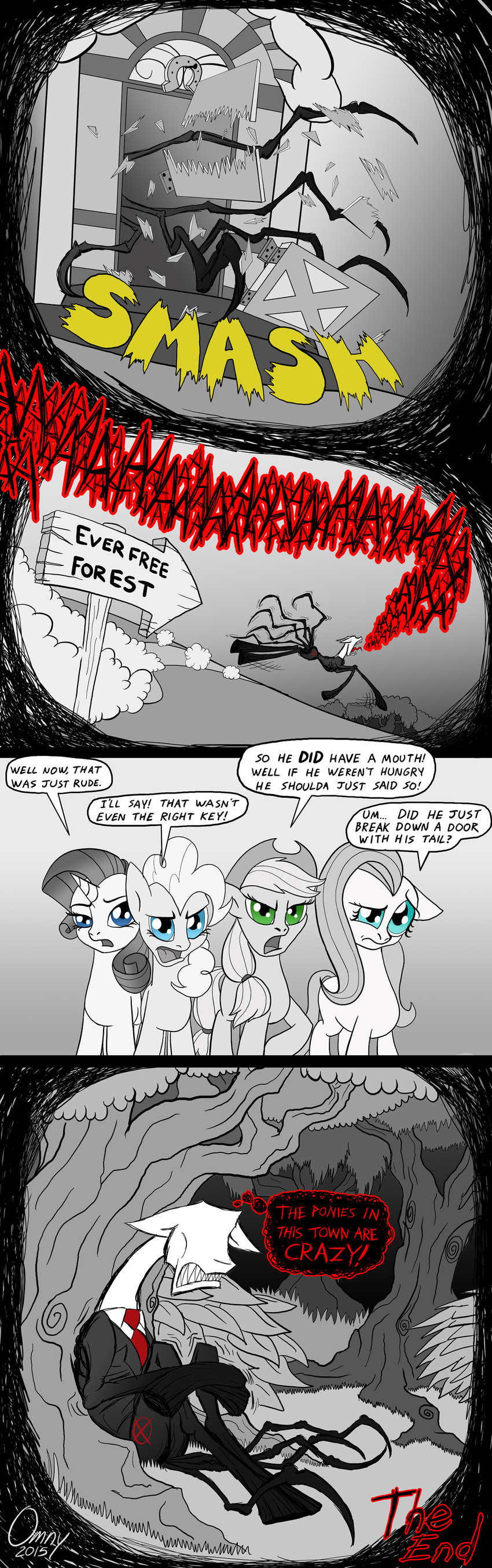 applejack_(mlp) black_and_white blue_eyes cowboy_hat door equine fangs female forest friendship_is_magic green_eyes hat horn horse horseshoe male mammal monochrome my_little_pony omny87 outside pegasus pony rarity_(mlp) screaming sharp_teeth slenderman teeth tentacles traumatized tree unicorn wings