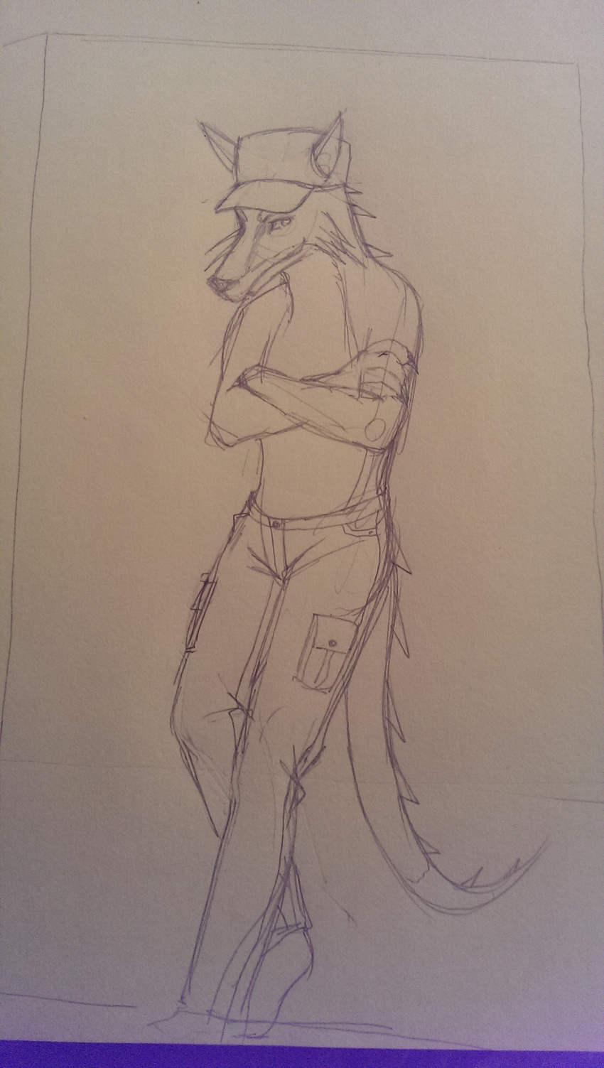 absurd_res anthro biped claws clothed clothing crossed_arms full-length_portrait graphite_(artwork) hat headgear headwear hi_res jason(fursona) leaning looking_away male monochrome panderpanda pencil_(artwork) portrait shadow sketch solo standing topless traditional_media_(artwork)