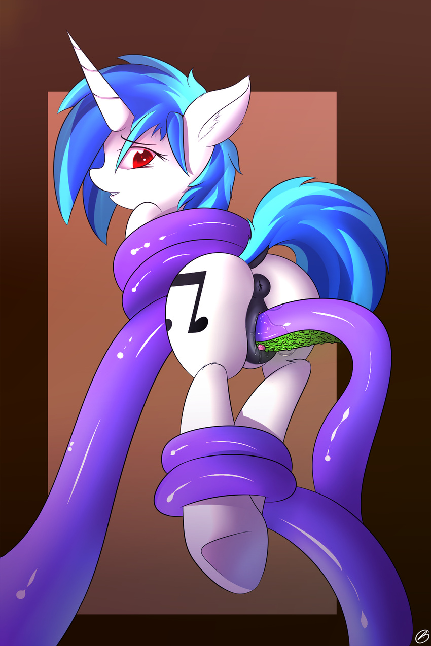 anatomically_correct anatomically_correct_pussy animal_genitalia anus biting_lip blue_hair capseys clitoris cutie_mark cyan_hair dock equine equine_pussy female feral friendship_is_magic hair horn horse insertion looking_back mammal my_little_pony penetration pony puffy_anus pussy restrained solo tentacles two_tone_hair underhoof unicorn vaginal vaginal_insertion vaginal_penetration vinyl_scratch_(mlp)