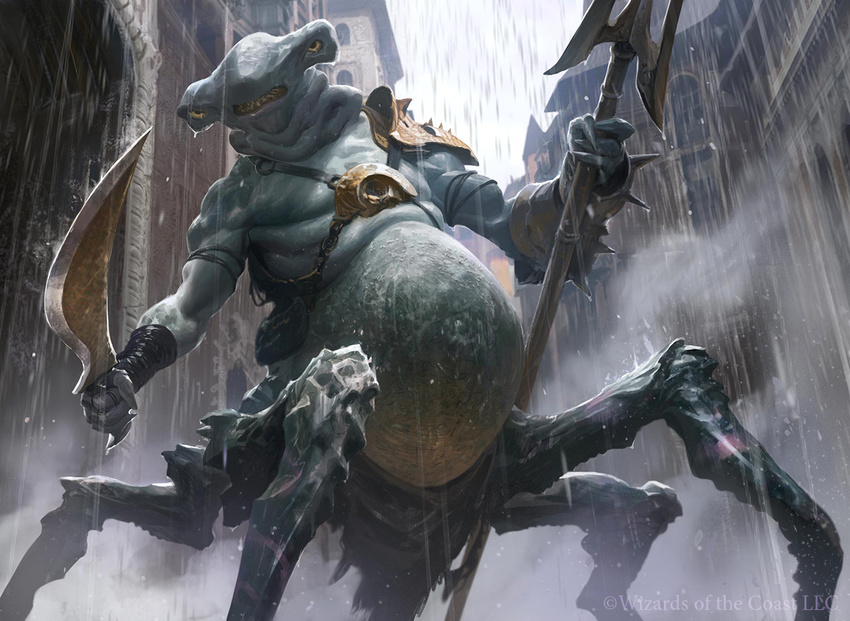 anthro arm_wraps armor arthropod bracers city cityscape crustacean holding_weapon hybrid low-angle_shot magic_the_gathering male marine official_art overweight polearm raining snarling sword taur trident weapon wesley_burt