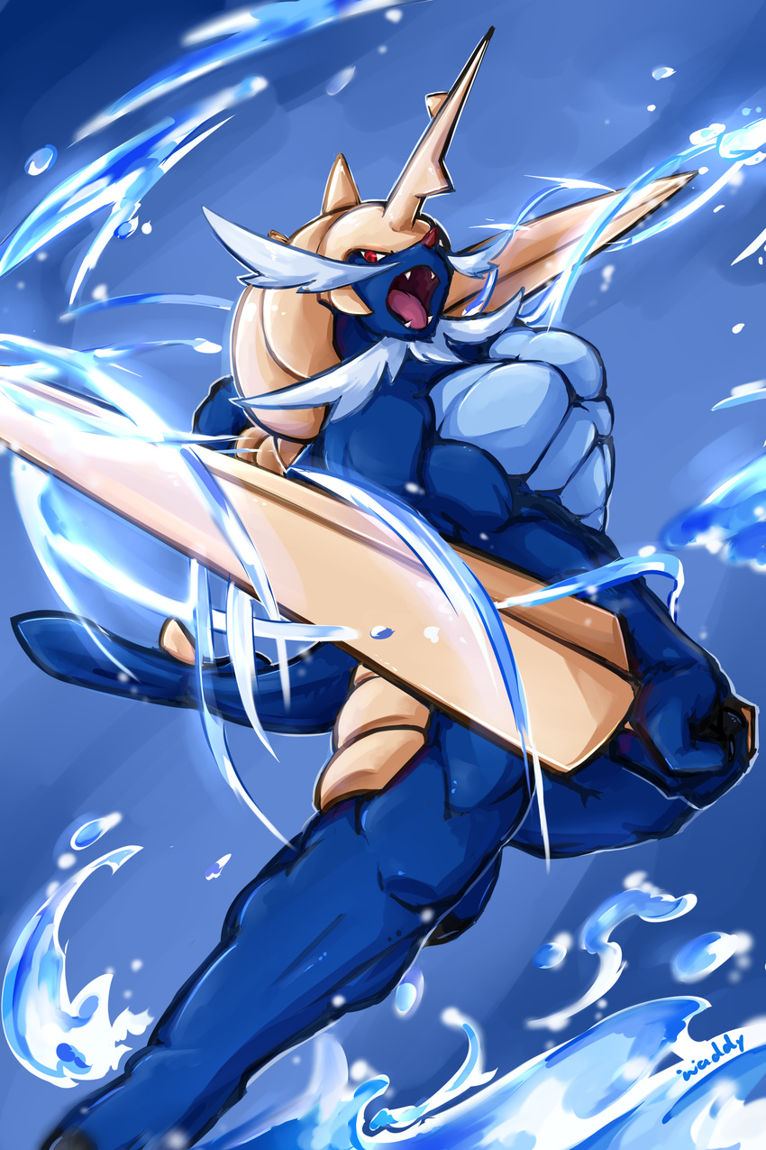 abs biceps big_muscles fangs hi_res horn male mammal muscles nintendo open_mouth pecs pokémon pose red_eyes samurott solo teeth toned tongue video_games waddledox