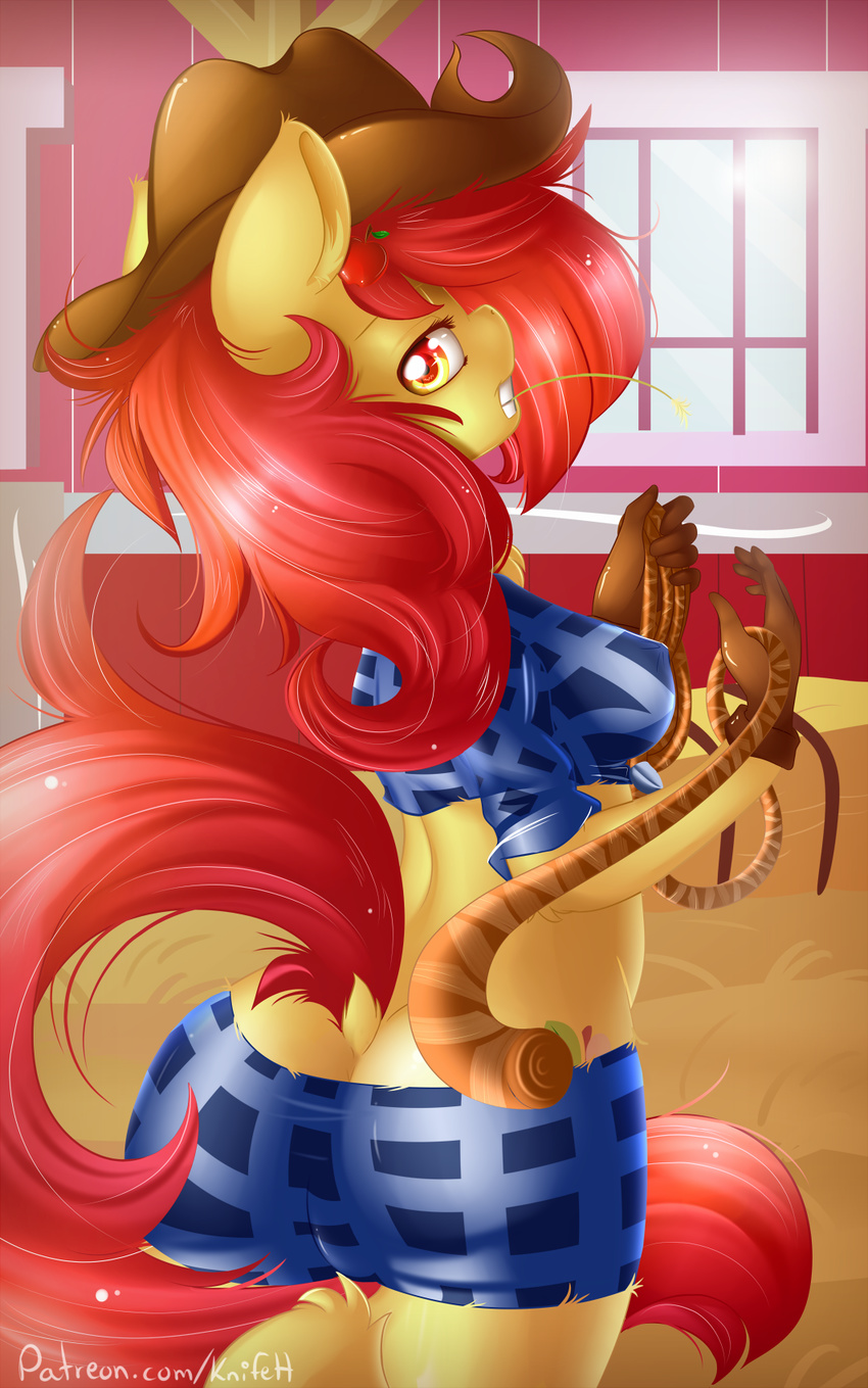 2015 anthro anthrofied apple_bloom_(mlp) butt clothed clothing cutie_mark cutoffs denim_shorts earth_pony equine female friendship_is_magic fur gloves hair hat horse knifeh looking_at_viewer mammal my_little_pony pony red_hair rope shorts solo standing straw yellow_fur