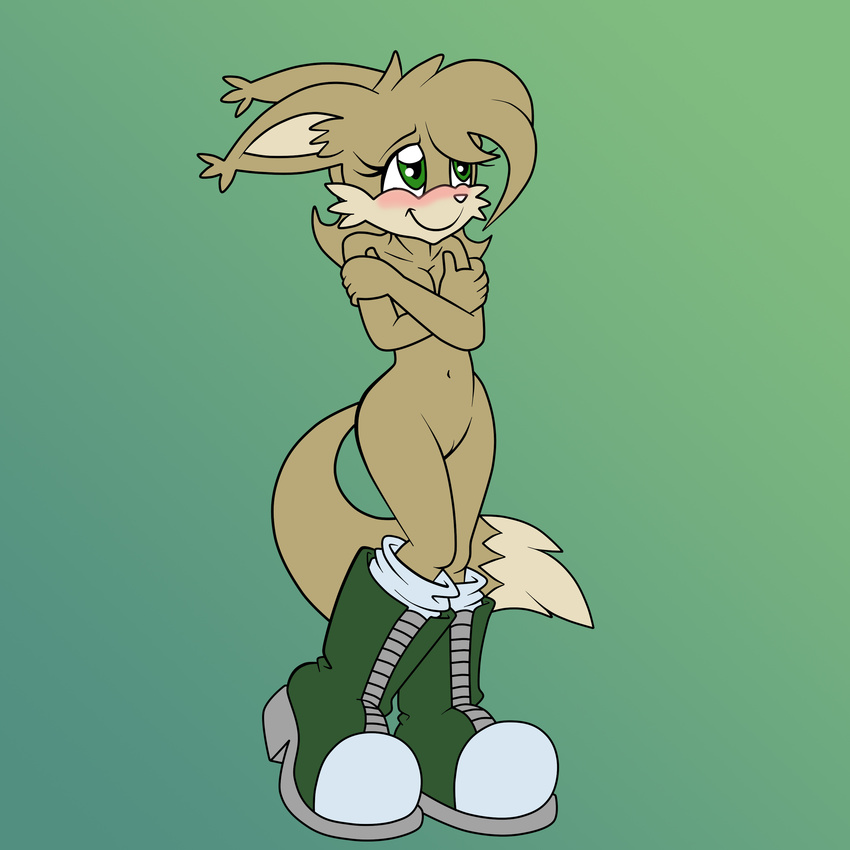 anthro blush boots breasts covering fan_character felicity female green_eyes nude plain_background pussy solo standing zeiramzero