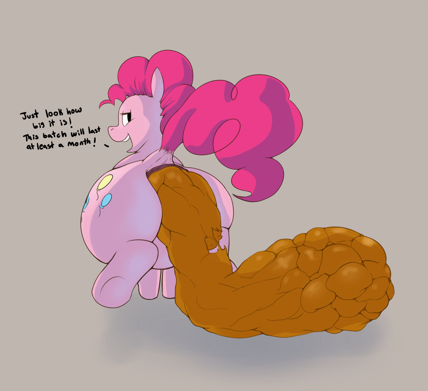2015 altostratus anus butt cutie_mark dialogue earth_pony english_text equine feces female feral friendship_is_magic grey_background hair hi_res horse hyper hyper_feces mammal my_little_pony open_mouth pink_hair pinkie_pie_(mlp) plain_background pony rear_view scat solo text
