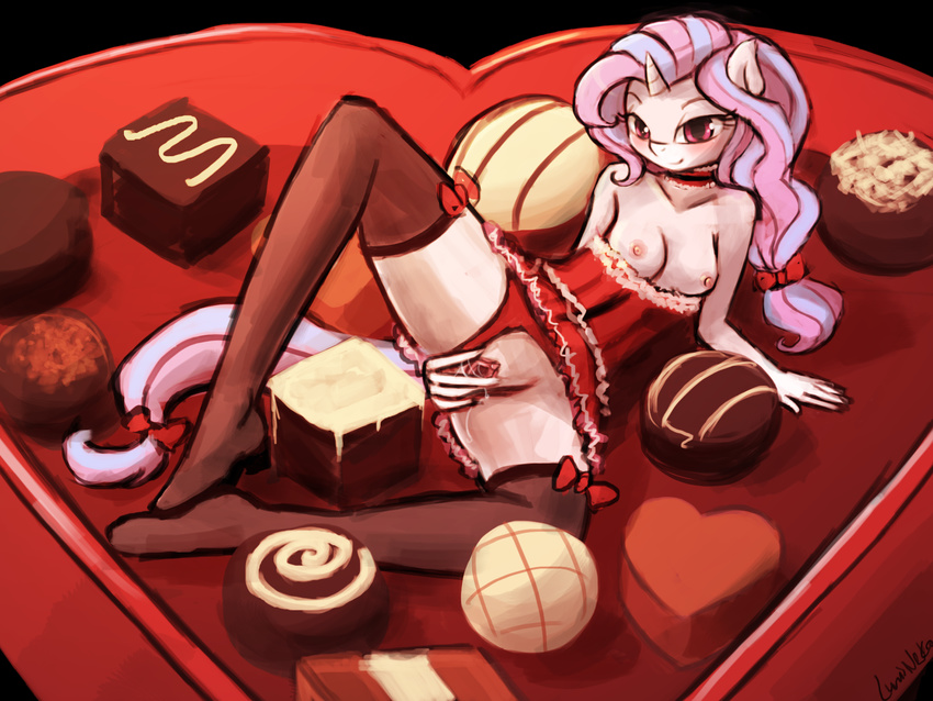 5_fingers anthro anthrofied areola bedroom_eyes black_background breasts chocolate chocolate_box clothing equine fan_character female friendship_is_magic hair half-closed_eyes horn horse legwear looking_at_viewer lumineko mammal masturbation my_little_pony nipples panties panties_aside pink_hair plain_background pony pussy pussy_juice seductive solo spread_legs spread_pussy spreading stockings underwear