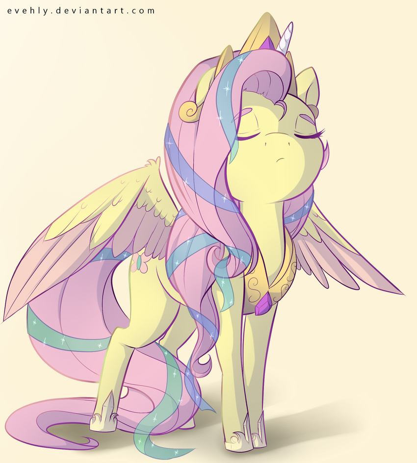 2015 costume cutie_mark equine evehly eyes_closed female feral fluttershy_(mlp) friendship_is_magic fur hair hi_res horn horse jewelry mammal my_little_pony pegasus pink_hair plain_background pony solo tiara wings yellow_fur