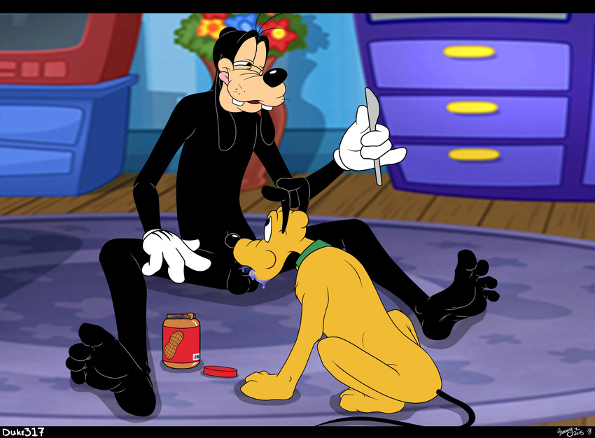 anthro anthro_on_feral balls bestiality canine disney dog duke317 duo feral gay goofy interspecies male mammal oral peanut_butter penis pluto