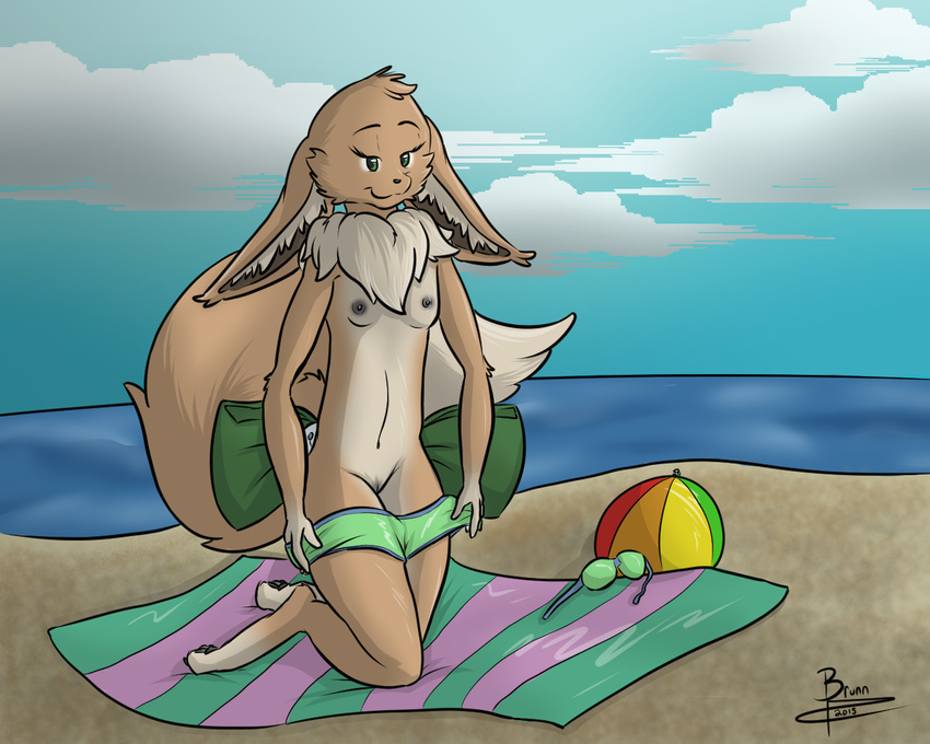 2015 anthro areola beach beach_ball black_pussy bow breasts brunn-bear clothing eevee eyewear female green_eyes nintendo nipples pokémon pokémorph presenting presenting_pussy pussy sand seaside small_breasts solo sunglasses swimsuit tahla towel video_games