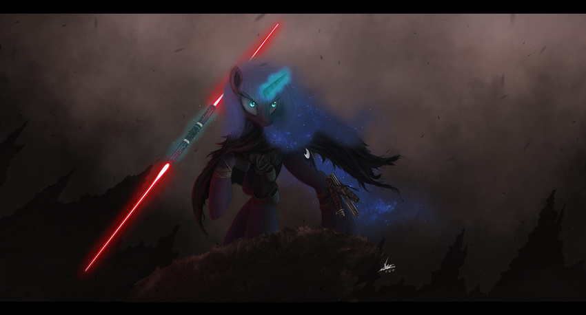 2014 blue_eyes cloak clothing cutie_mark equine female friendship_is_magic glowing glowing_eyes horn levitation lightsaber magic mammal my_little_pony ncmares princess_luna_(mlp) sith sparkles star_wars weapon winged_unicorn wings