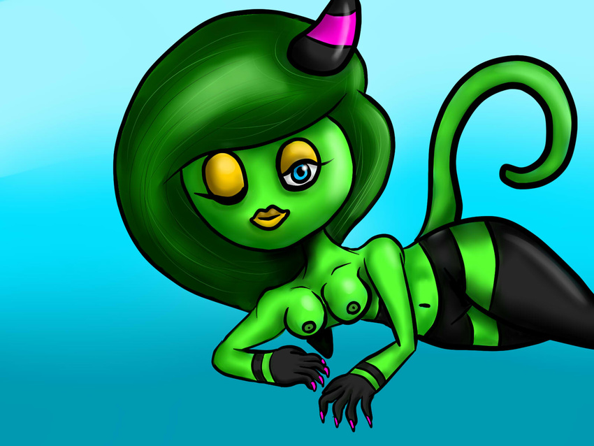 2015 alien anthro blue_background breasts female hair horn louiehaas lying nipples nude one_eye_closed plain_background scalie sega sonic_(series) video_games wink zeena