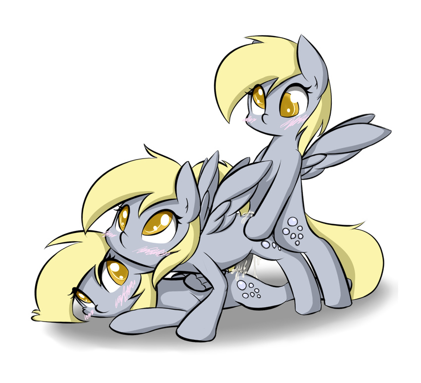 2015 ambiguous_gender animal_genitalia blonde_hair blush cum cutie_mark derpy_hooves_(mlp) dickgirl equine feral friendship_is_magic fur grey_fur group group_sex hair horsecock intersex mammal my_little_pony pegasus penis plain_background randomdrawpony selfcest sex square_crossover threesome white_background wings yellow_eyes