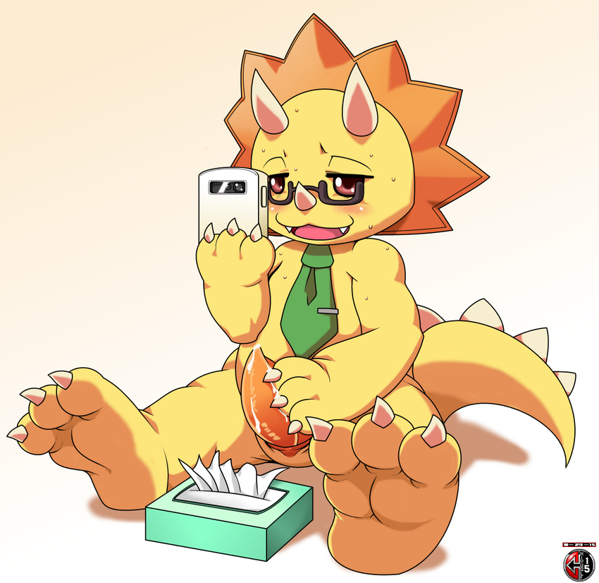 amagi_brilliant_park animal_genitalia anthro blush cellphone cum cute_fangs dinosaur dripping erection eyewear foot_focus genital_slit glasses horn kivwolf male masturbation necktie open_mouth penis phone pornography signature sitting slit solo sweat tissues triceratops triken