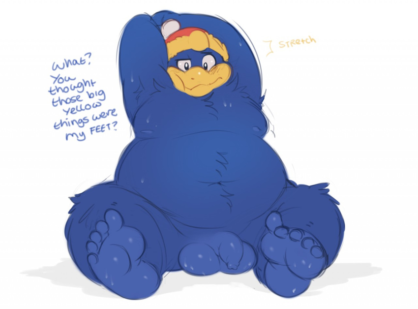 2015 5_toes avian balls beak big_balls bird blue_fur dialogue english_text flaccid foot_focus fur hindpaw human_feet king_dedede kirby_(series) long_foreskin looking_at_viewer male navel nintendo overweight paws penguin penis plantigrade raised_arm soles solo stretching sweat talking_to_viewer text toes uncut video_games zonkpunch
