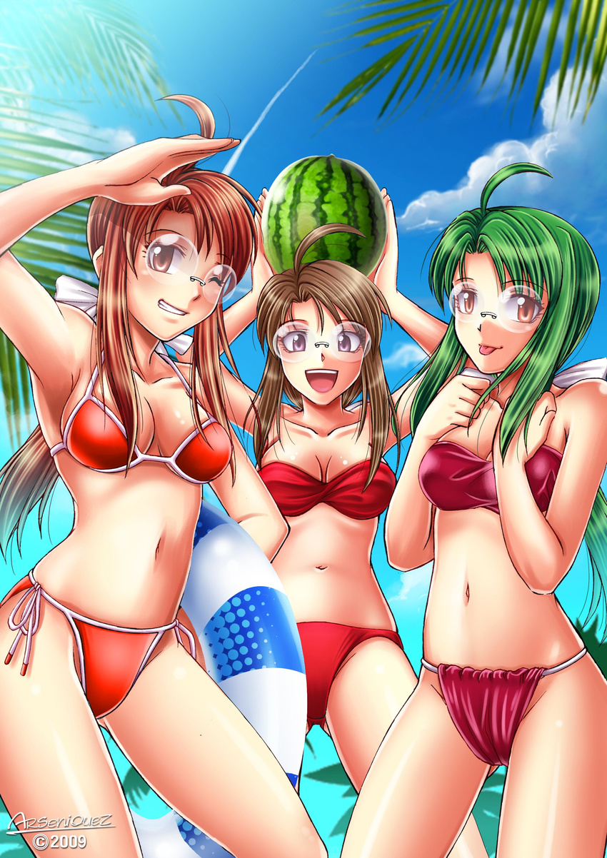 :p absurdres ahoge arms_up bandeau beach bikini blush breasts brown_hair cleavage day food fruit glasses green_hair grin hasegawa_chisame highres holding holding_food holding_fruit innertube mahou_sensei_negima! medium_breasts multiple_girls multiple_persona navel one_eye_closed palm_tree ponytail red_bikini red_hair shiny shiny_skin side-tie_bikini smile songwut_ouppakarndee swimsuit time_paradox tongue tongue_out tree watermelon