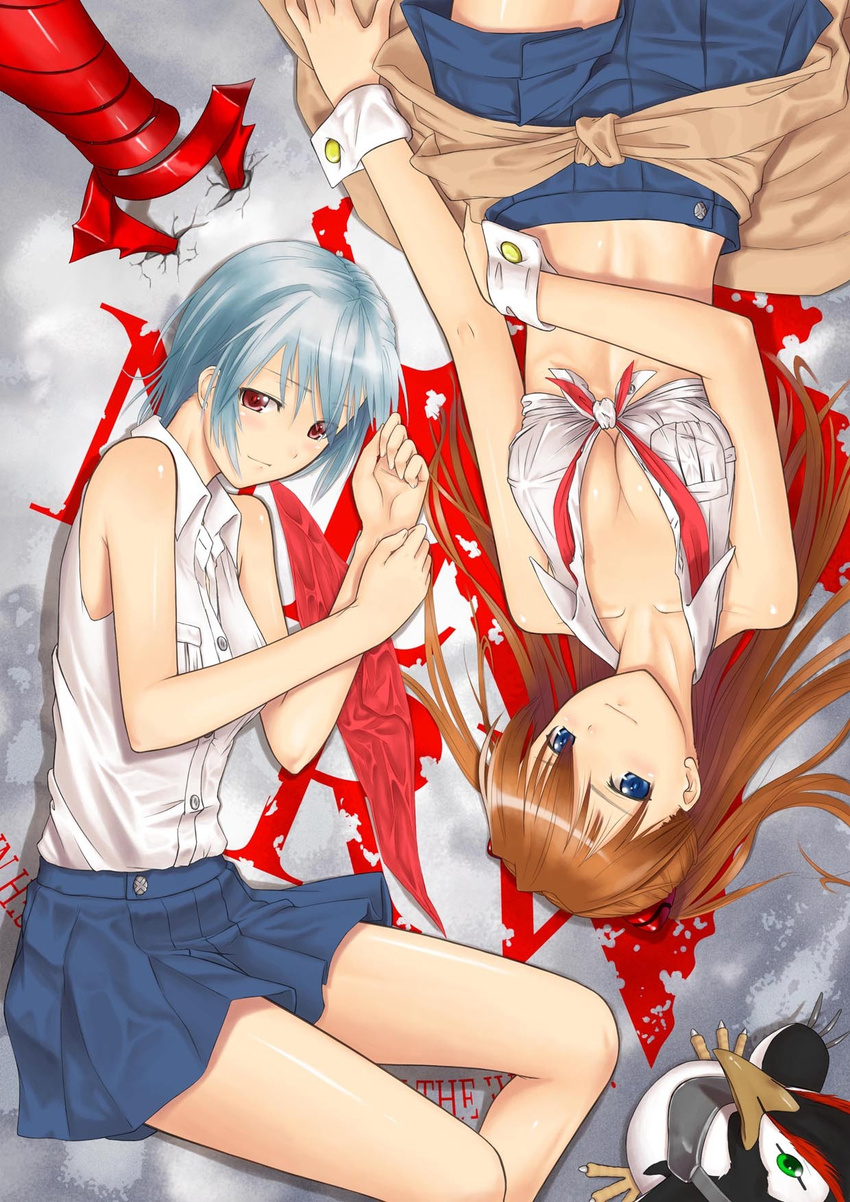 animal ayanami_rei bird blue_eyes blue_hair blush breasts brown_hair cleavage clothes_around_waist from_above front-tie_top green_eyes highres lance lance_of_longinus legs long_hair lying medium_breasts multiple_girls neon_genesis_evangelion nerv on_back on_side penguin penpen polearm red_eyes shikinami_asuka_langley short_hair skirt smile souryuu_asuka_langley spear sweater sweater_around_waist touko_(kira2yue) weapon wrist_cuffs