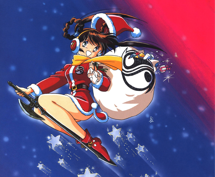 90s absurdres artist_request brown_hair christmas flying hat headphones highres holiday long_sleeves mamono_hunter_youko mano_youko sack santa_costume santa_hat scarf solo star sword weapon