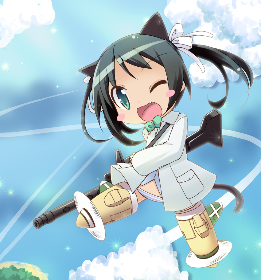 bad_id bad_pixiv_id blush_stickers chibi day fang flying francesca_lucchini gun highres hirose_madoka panties sky solo strike_witches striker_unit twintails underwear weapon world_witches_series