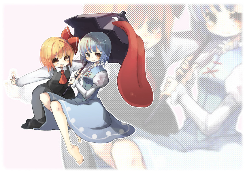 bad_id bad_pixiv_id barefoot blonde_hair blue_eyes blue_hair feet hair_ribbon heterochromia himehi karakasa_obake multiple_girls purple_umbrella red_eyes ribbon rumia short_hair tatara_kogasa tongue touhou umbrella