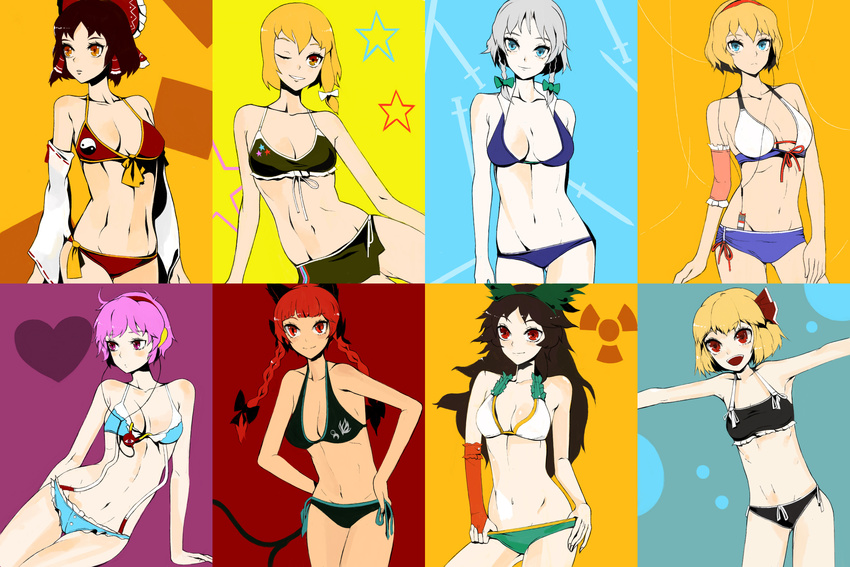 alice_margatroid bad_id bad_pixiv_id bikini blonde_hair hakurei_reimu highres izayoi_sakuya kaenbyou_rin kakaaru kirisame_marisa komeiji_satori multiple_girls one_eye_closed red_bikini red_eyes reiuji_utsuho rumia swimsuit touhou