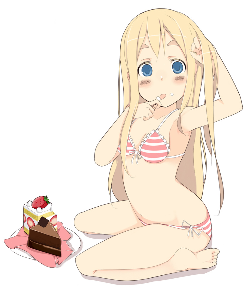 armpits barefoot bikini blonde_hair blue_eyes blush cake face feet food frilled_bikini frills highres k-on! kneeling kotobuki_tsumugi long_hair oza_watto pastry side-tie_bikini solo striped striped_bikini swimsuit