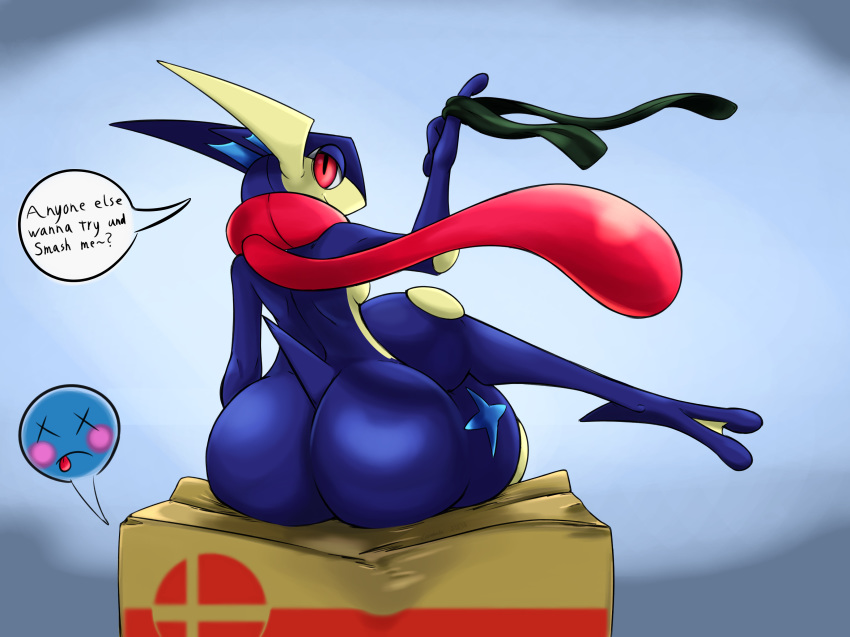 absurd_res bandanna big_butt blue_skin breasts butt cardboard_box female greninja hi_res huge_butt lumihanta ninja nintendo nude pointy_ears pok&eacute;mon pok&eacute;mon_(species) side_boob sitting solo super_smash_bros tongue unconscious video_games