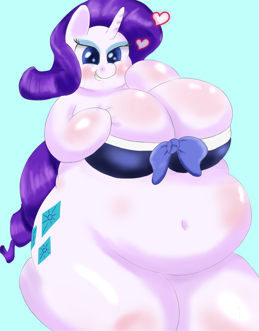 &lt;3 anthro big_breasts blue_eyes blush braffy breasts clothing cutie_mark digital_media_(artwork) equine female friendship_is_magic fur hair hooves horn huge_breasts long_hair looking_at_viewer mammal my_little_pony navel obese overweight purple_hair rarity_(mlp) smile solo unicorn white_fur