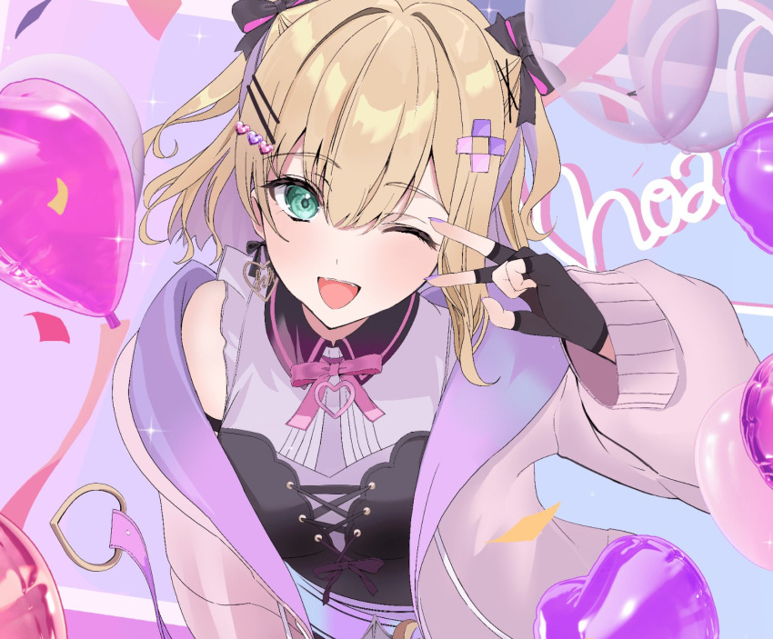 1girl balloon blonde_hair bustier colored_inner_hair double-parted_bangs earrings fingerless_gloves gloves green_eyes hair_between_eyes hair_ornament hairpin heart heart_earrings heart_hair_ornament highres jacket jewelry kurumi_noah kurumi_noah_(3rd_costume) looking_at_viewer medium_hair multicolored_hair multiple_hairpins nakano_kura one_eye_closed open_clothes open_jacket open_mouth pink_jacket purple_hair shirt single_bare_shoulder single_earring sleeveless sleeveless_shirt solo two_side_up v v_over_eye virtual_youtuber vspo!