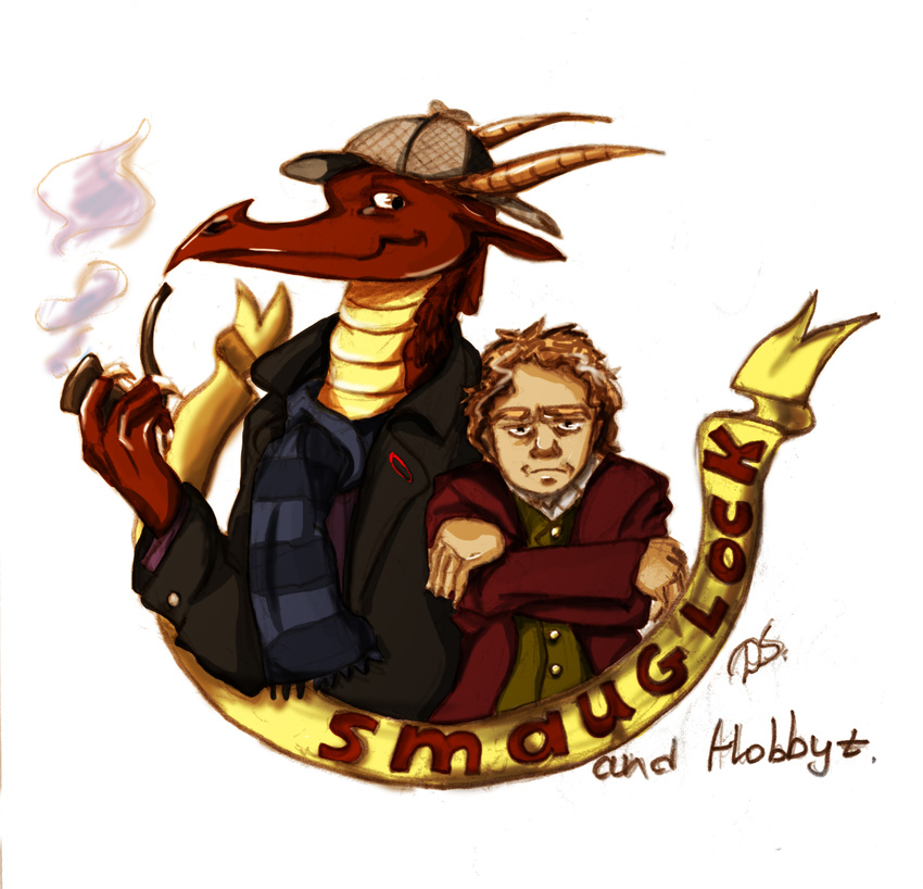 2013 anthro banner bilbo_baggins book claws coat dragen-sama dragon duo fire hat hobbit horn j._r._r._tolkien johnbo_watson male pipe reading scalie scarf smaug smauglock_holmes smoke the_hobbit tumblr