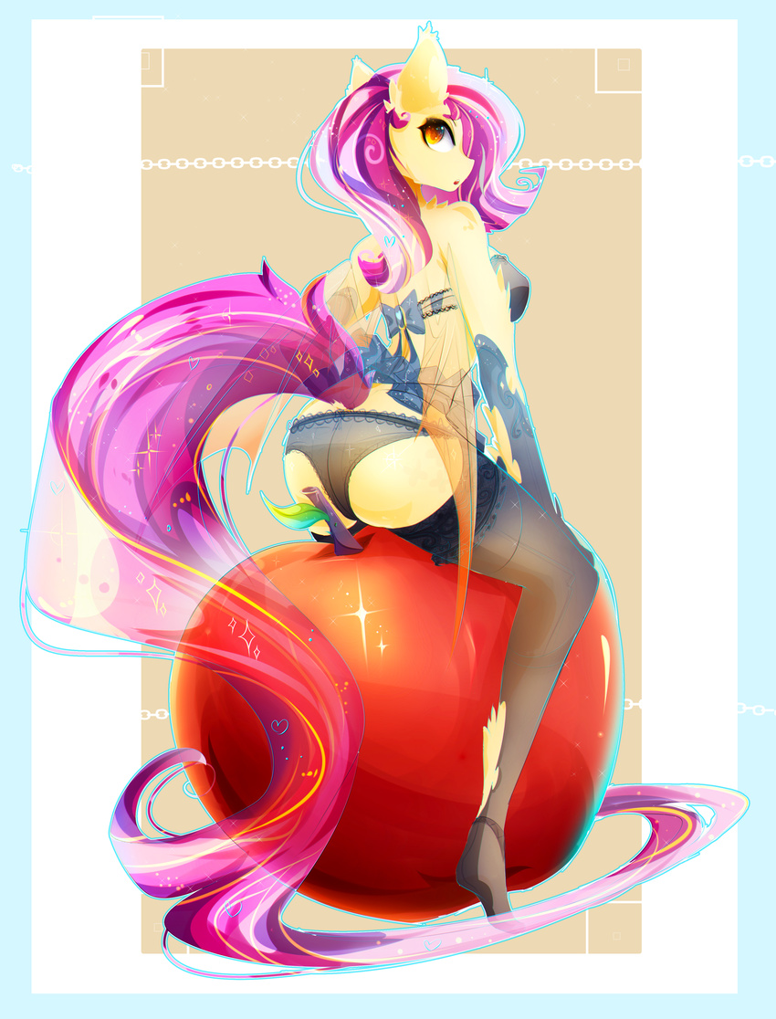 2015 anthro back bra butt clothed clothing equine female flutterbat_(mlp) fluttershy_(mlp) friendship_is_magic hair koveliana legwear long_hair looking_at_viewer mammal my_little_pony panties pink_hair royaltride skimpy solo stockings underwear wings