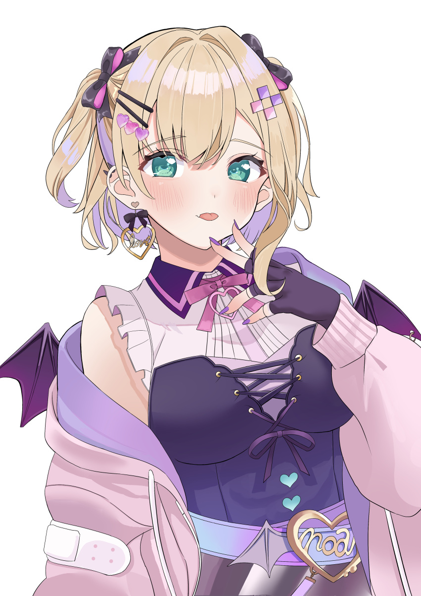 1girl absurdres aqua_eyes bat_wings blonde_hair blush bow bustier colored_inner_hair earrings fingerless_gloves gloves hair_bow hair_intakes hair_ornament hairpin heart heart_earrings heart_hair_ornament highres jacket jewelry kurumi_noah kurumi_noah_(3rd_costume) looking_at_viewer multicolored_hair multiple_hairpins nail_polish nakano_kura neck_ribbon parted_bangs piercing pink_jacket purple_hair purple_nails ribbon shirt single_bare_shoulder single_earring single_off_shoulder sleeveless sleeveless_shirt solo spiked_ear_piercing tongue tongue_out transparent_background virtual_youtuber vspo! wing_piercing wings