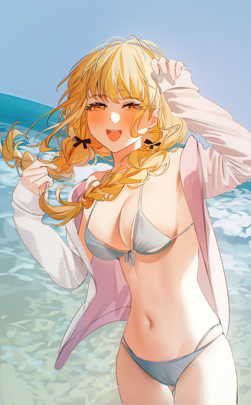 1girl :d absurdres arm_up armpits ass_visible_through_thighs baocaizi bikini black_bow blonde_hair blush bow braid breasts cleavage commentary_request cowboy_shot day front-tie_bikini_top front-tie_top fujita_kotone gakuen_idolmaster grey_bikini grey_ribbon hair_bow highres idolmaster jacket long_hair long_sleeves looking_at_viewer medium_breasts navel ocean open_clothes open_jacket open_mouth orange_eyes outdoors pink_jacket sleeves_past_wrists smile solo swimsuit teeth thigh_gap twin_braids upper_teeth_only water