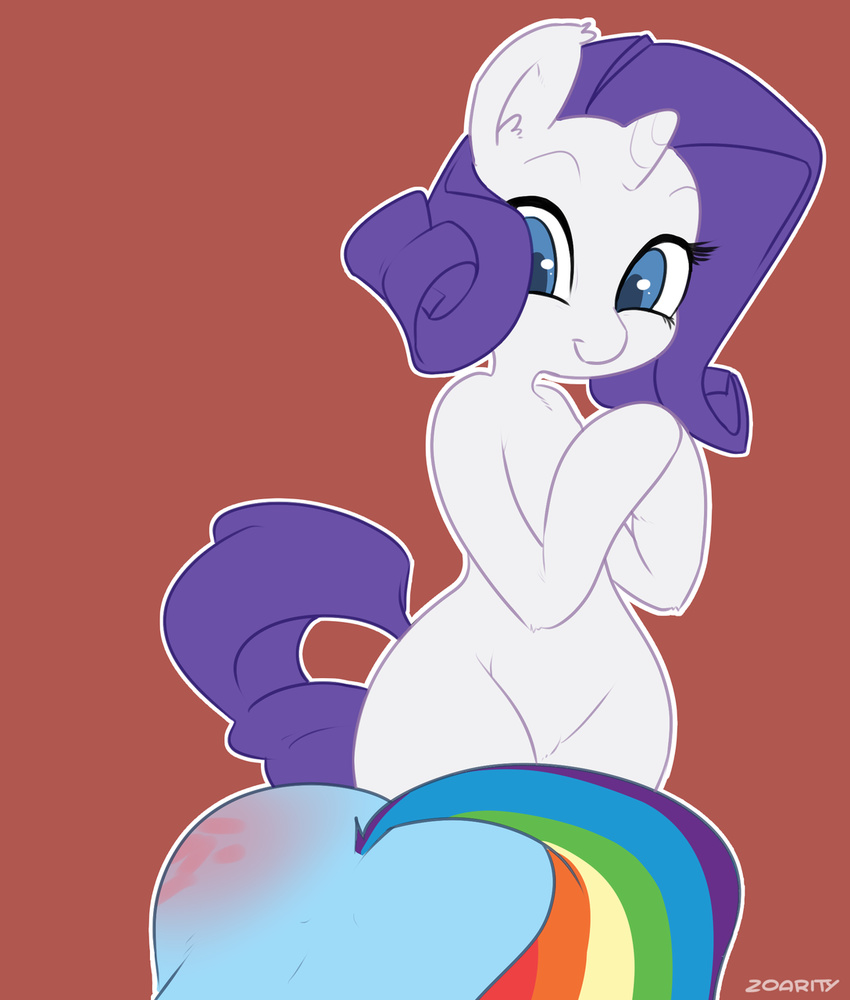 blue_eyes blue_fur blue_hair butt equine female friendship_is_magic fur hair hooves horse mammal multicolored_hair my_little_pony plain_background pony presenting presenting_hindquarters rainbow_dash_(mlp) rainbow_hair rarity_(mlp) smile white_fur wide_hips zoarity