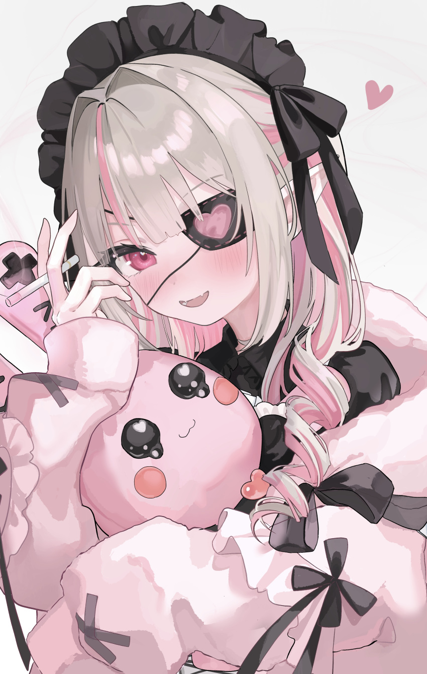 1girl absurdres black_headdress black_shirt blonde_hair blush cigarette collared_shirt drill_hair eyepatch fangs heart highres holding holding_cigarette hug jacket long_sleeves looking_at_viewer maid_headdress makaino_ririmu makaino_ririmu_(5th_costume) multicolored_hair nijisanji pink_eyes pink_hair pink_jacket pointy_ears potepote_lp puffy_long_sleeves puffy_sleeves ribbon shirt sleeves_past_fingers sleeves_past_wrists smile solo two-tone_hair upper_body virtual_youtuber