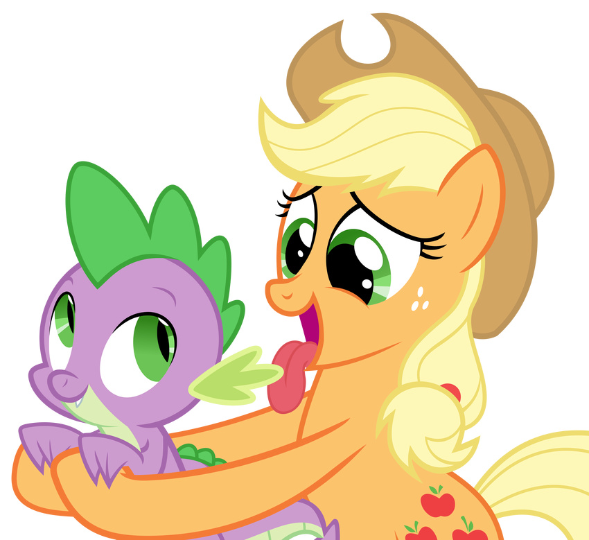 2015 absurd_res alpha_channel applejack_(mlp) cartoon dragon duo earth_pony equine female feral friendship_is_magic green_eyes hi_res horse licking magister39 male mammal my_little_pony orange_skin pony purple_scales scalie spike_(mlp) tongue tongue_out
