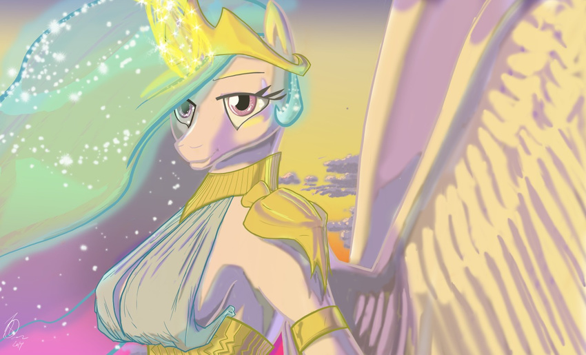 2015 anthro big_breasts breasts cartoon equine female friendship_is_magic horn horse mammal my_little_pony princess_celestia_(mlp) side_boob smile solo threewontoo winged_unicorn wings