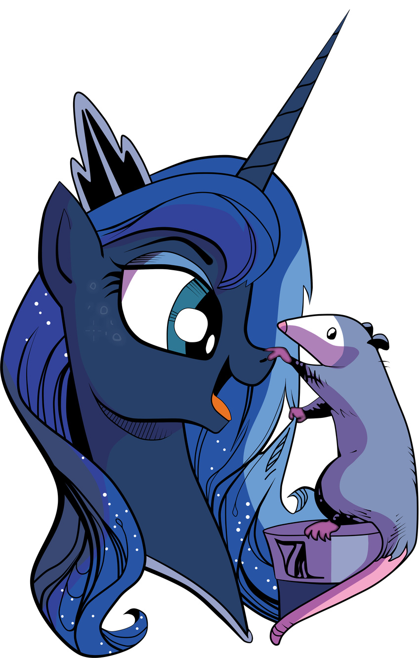 absurd_res alpha_channel amorecadenza cartoon equine female feral friendship_is_magic hi_res horn male mammal marsupial my_little_pony opossum princess_luna_(mlp) smile tiberius_(mlp) winged_unicorn wings