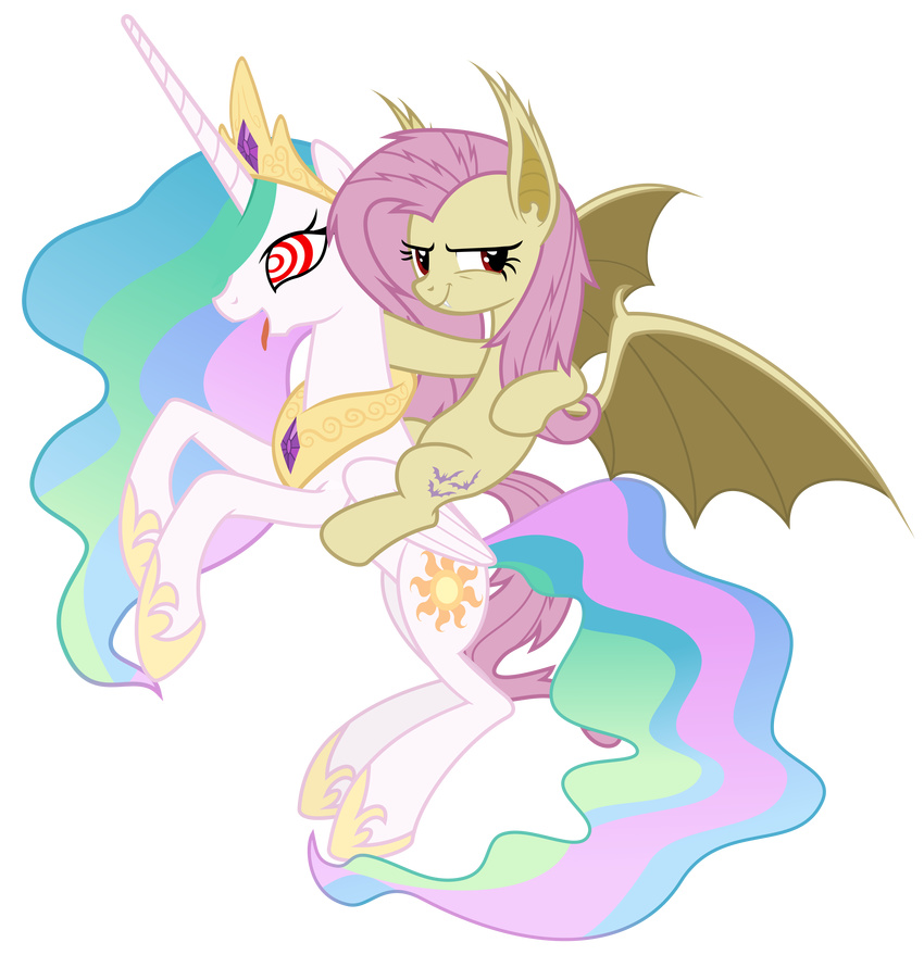 2015 absurd_res alpha_channel bat_pony cartoon duo equine female feral flutterbat_(mlp) fluttershy_(mlp) friendship_is_magic hi_res horn hypnosis magister39 mammal mind_control my_little_pony pegasus princess_celestia_(mlp) winged_unicorn wings