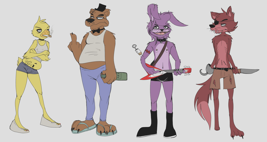 alcohol amputee anthro avian bear belt beverage bird bonnie_(fnaf) boots breasts bulge canine chica_(fnaf) chicken cigarette claws clothed clothing creepy drugs eye_patch eyewear female five_nights_at_freddy's fox foxy_(fnaf) freddy_(fnaf) fuck_you group guitar half-dressed hat heroin hook humor knife lagomorph male mammal melee_weapon middle_finger musical_instrument needle overweight partially_clothed pirate pointy_teeth rabbit sandals sharp_teeth small_breasts smile smoking suggestive sword teeth the-light-shines topless weapon