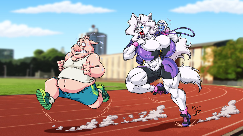 abs angry anthro beauty_mark big_breasts breasts canine cleavage clothed clothing dire_wolf duo eltonpot exercise female hair huge_breasts long_hair male mammal muscles muscular_female open_mouth overweight pig porcine running scared shoes shorts sneakers snowflake_frostfang stopwatch trainer wide_hips wolf yelling