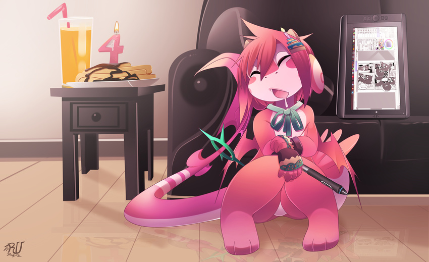 2015 3_toes 4_fingers ambiguous_gender anthro birthday candle chocolate chocolate_syrup cute detailed_background dragon drawer drooling eyes_closed fingerless_gloves fire food gloves hair headgear horn juice orange_juice pancake pink_hair pink_skin reflection ribbons ru_(rudragon) rudragon saliva scalie sleeping sofa solo straw stylus syrup tablet toes wings