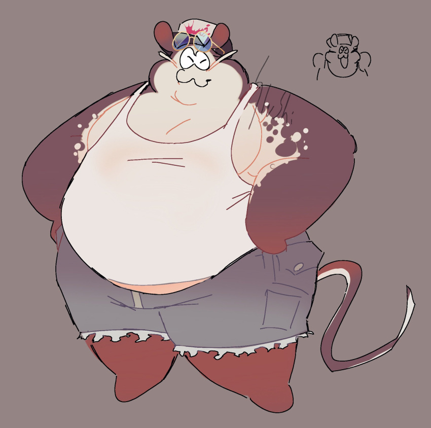anthro belly belly_peeking_out big_man_(splatoon) bottomwear clothing grey_body hi_res male moobs nintendo overweight shirt shorts smile solo splatoon swatch_txt tank_top topwear