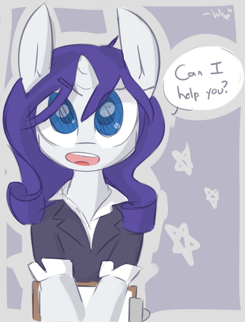 anthro blue_eyes digital_media_(artwork) english_text equine female friendship_is_magic hair horn looking_at_viewer mammal my_little_pony open_mouth purple_hair rarity_(mlp) solo teeth text tongue unicorn whoop