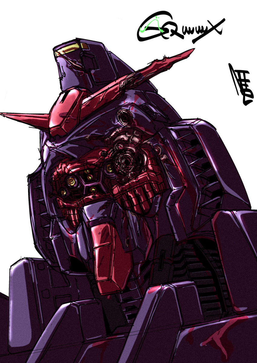 absurdres after_battle alternate_universe bullet_hole commentary_request damaged earth_federation gundam gundam_gquuuuuux highres machinery mecha mecha_focus mobile_suit nanziwakamika23 no_humans portrait psycho_gundam_(gquuuuuux) robot science_fiction signature spoilers title upper_body v-fin white_background