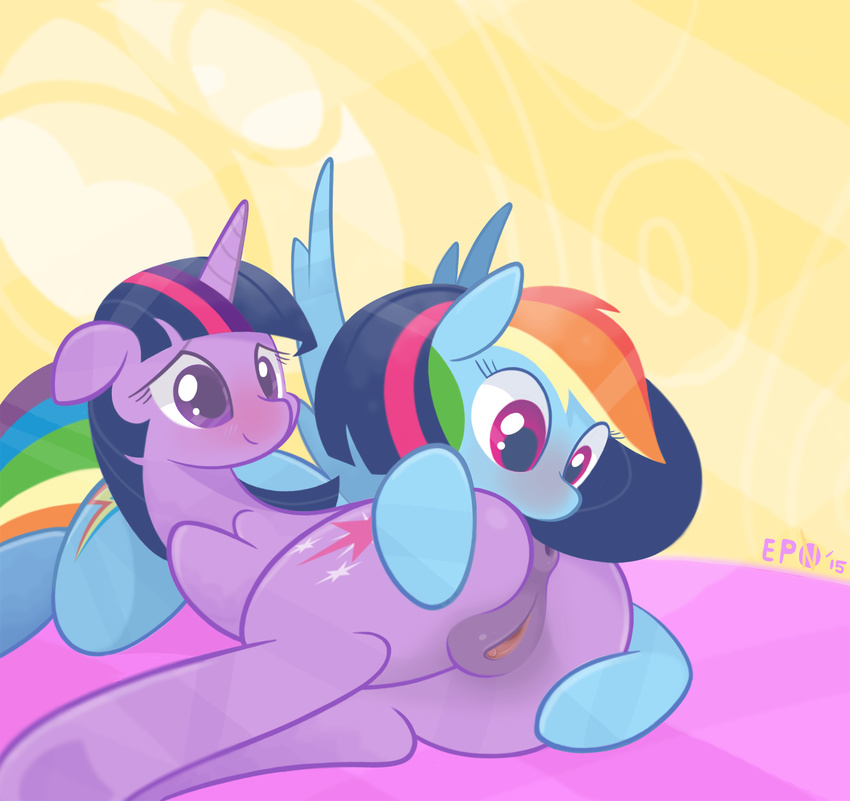 2015 animal_genitalia anus blush braddo butt cutie_mark duo equine equine_pussy female feral friendship_is_magic hair hi_res horn lesbian looking_back lying mammal multicolored_hair my_little_pony on_side pegasus puffy_anus purple_eyes pussy rainbow_dash_(mlp) rainbow_hair smile spread_pussy spreading twilight_sparkle_(mlp) unicorn wings