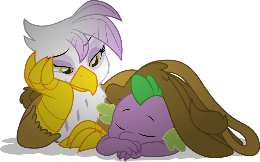 2014 absurd_res avian cuddling dragon duo eyes_closed female feral friendship_is_magic gilda_(mlp) gray-gold gryphon hi_res lying male mickeymonster my_little_pony sleeping smile spike_(mlp) wings