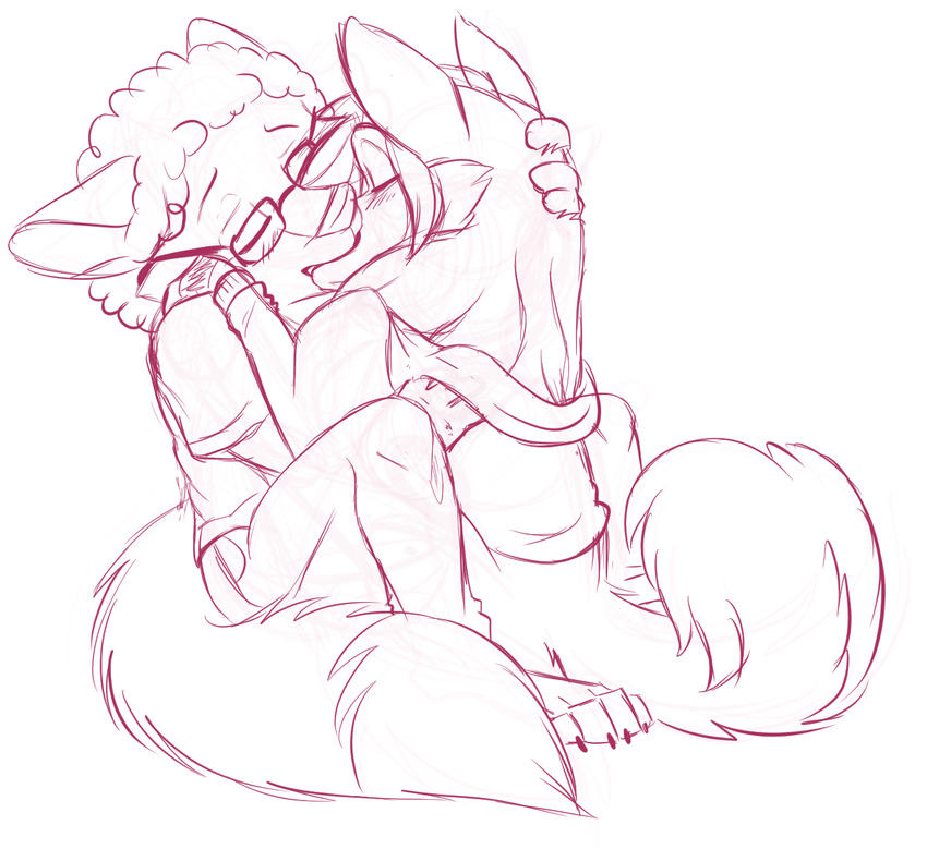 affection afro anthro anthro_on_feral bestiality canine clothing couple dog eyes_closed eyewear faster-by-choice female feral fluffy fox fracture glasses hoodie husky interspecies jeans kardas_fox kissing making_out male mammal red_fox shirt sparkledog straight