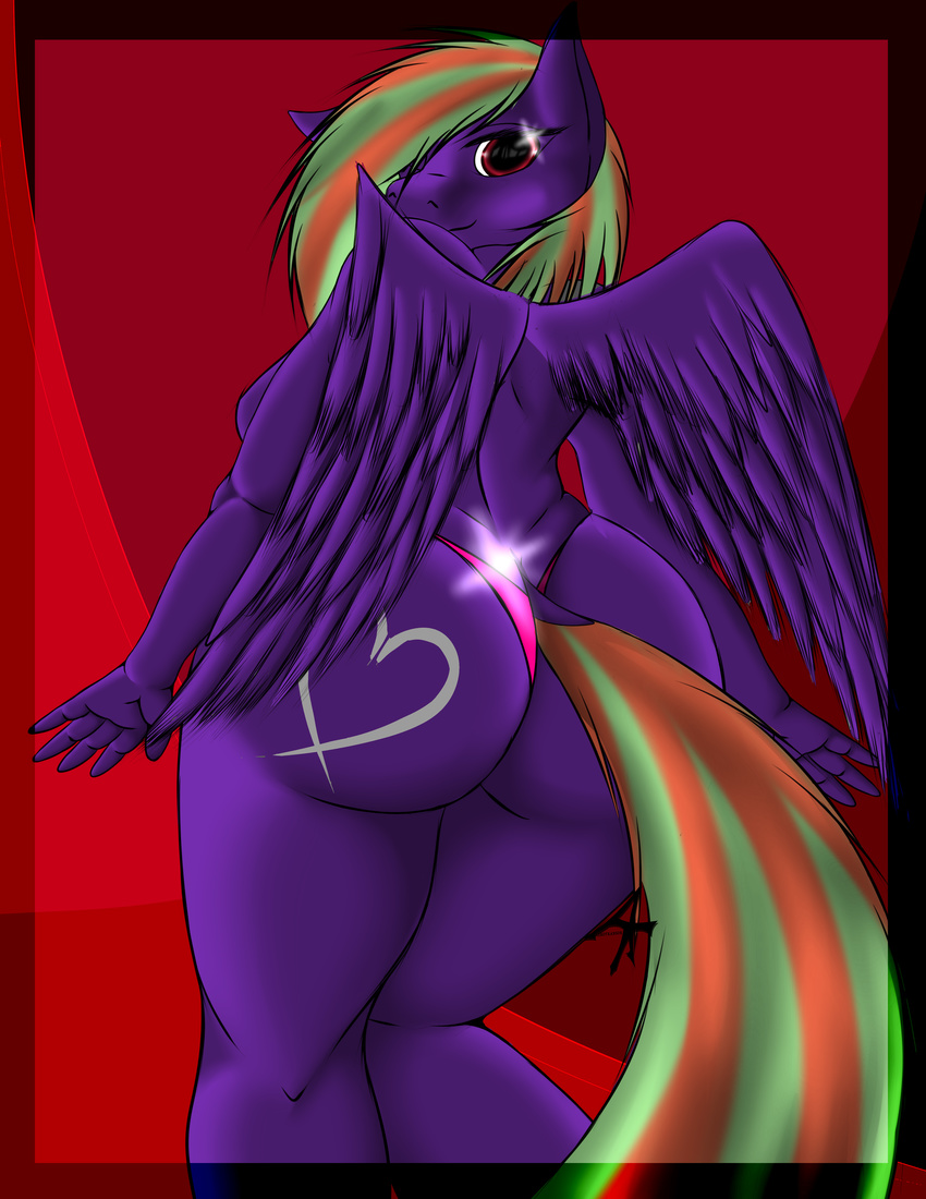 &lt;3 absurd_res anthro clothing cutie_mark equine fan_character feathers female fur hair hi_res long_hair looking_at_viewer looking_back mammal my_little_pony panties pegasus presenting purple_fur rear_view red_eyes smile solo standing turnstylz two_tone_hair underwear wings